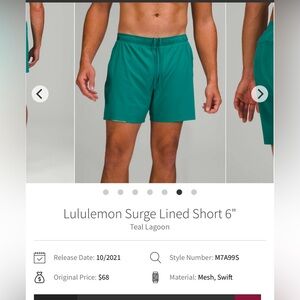 🍋Men’s Lululemon Surge Lined Short 6” size M teal🍋